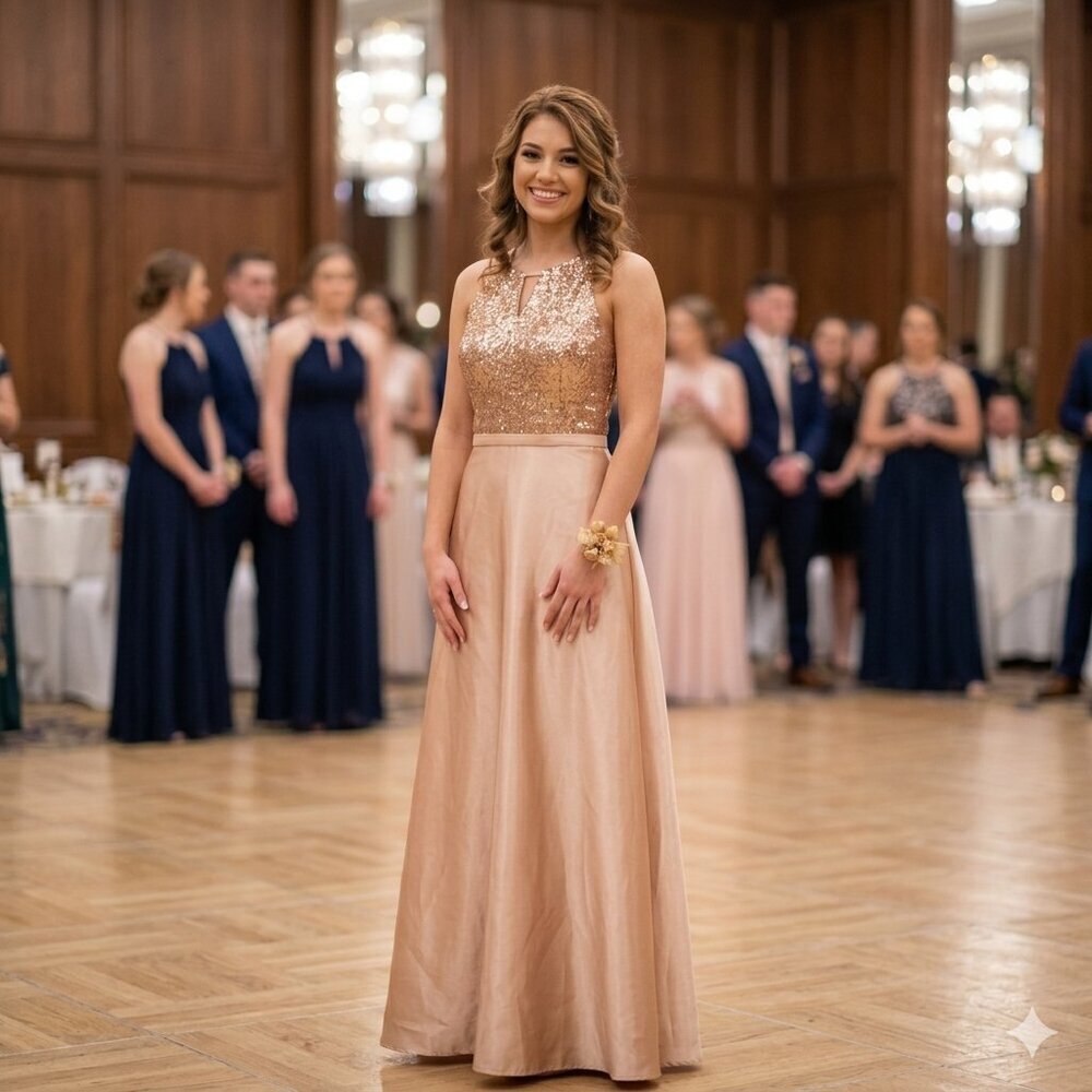 Sparkling Rose Gold Sequin Bodice Prom Dress